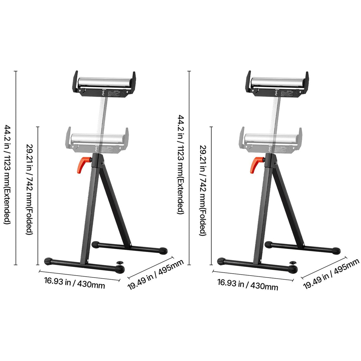 2-Pack Roller Stands, 250 lbs Load Capacity, 27-43 in Adjustable Height, Folding Heavy Duty with Polished Steel Roller Head & Edge Guides, for Table Saw Outfeed Woodworking Extension Support