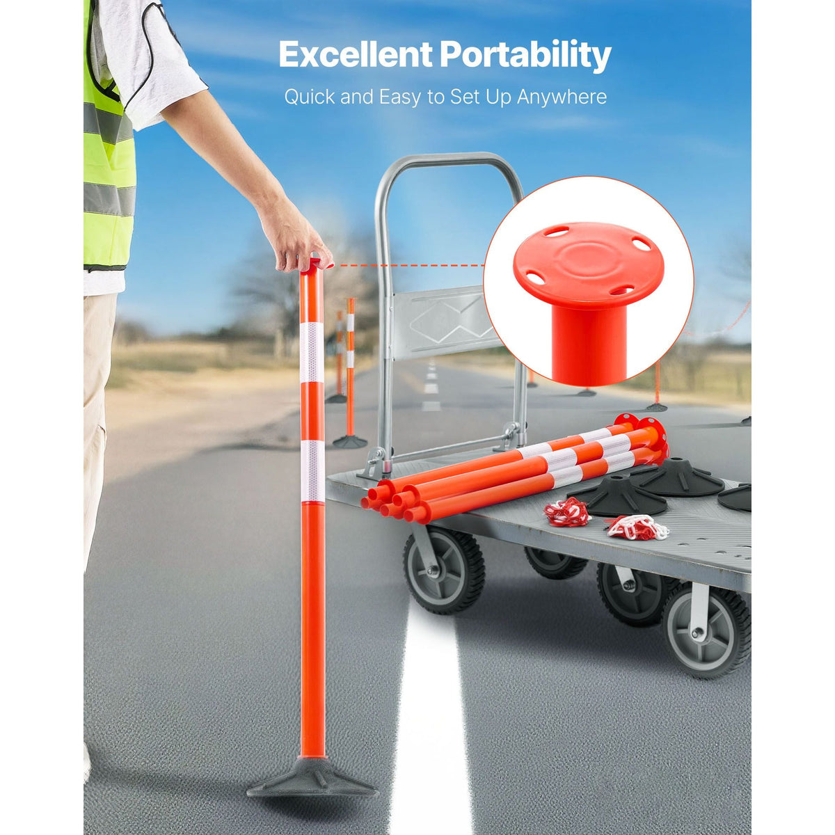 2 Pack Traffic Delineator Posts, 34 in Traffic Safety Cones with Weighted Base, Reflective Strips and Chain, Heavy Duty Delineator Posts for Construction Site, Parking Lot, Crowd Control, Red