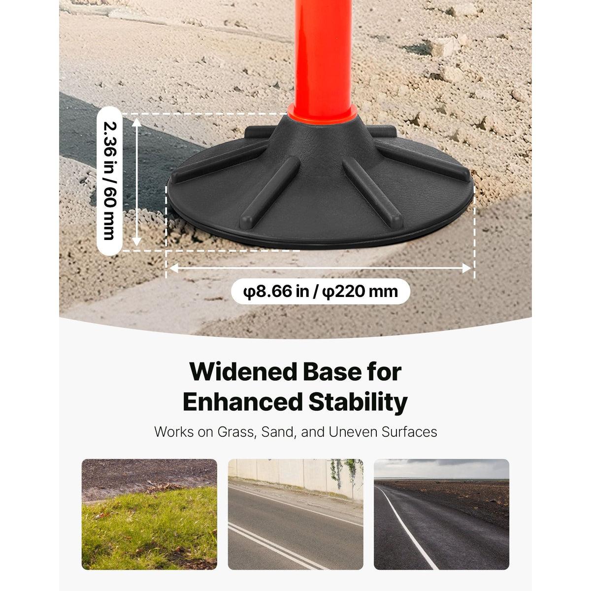 2 Pack Traffic Delineator Posts, 34 in Traffic Safety Cones with Weighted Base, Reflective Strips and Chain, Heavy Duty Delineator Posts for Construction Site, Parking Lot, Crowd Control, Red