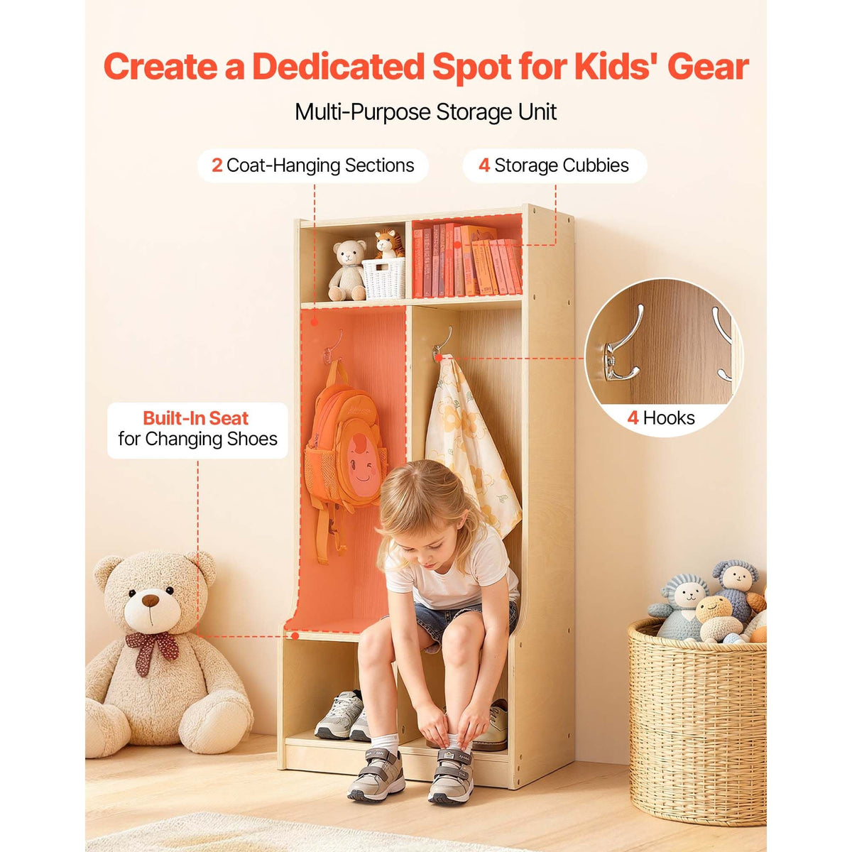 2-Section Kids Coat Locker, Wooden Toddler Cubby Storage Organizer with 4 Hooks & Anti-Tip Kit, Modern Kid Coat Cubbies with 4 Small Open Storage Boxes for Home, Kindergarten, Daycare, Natural