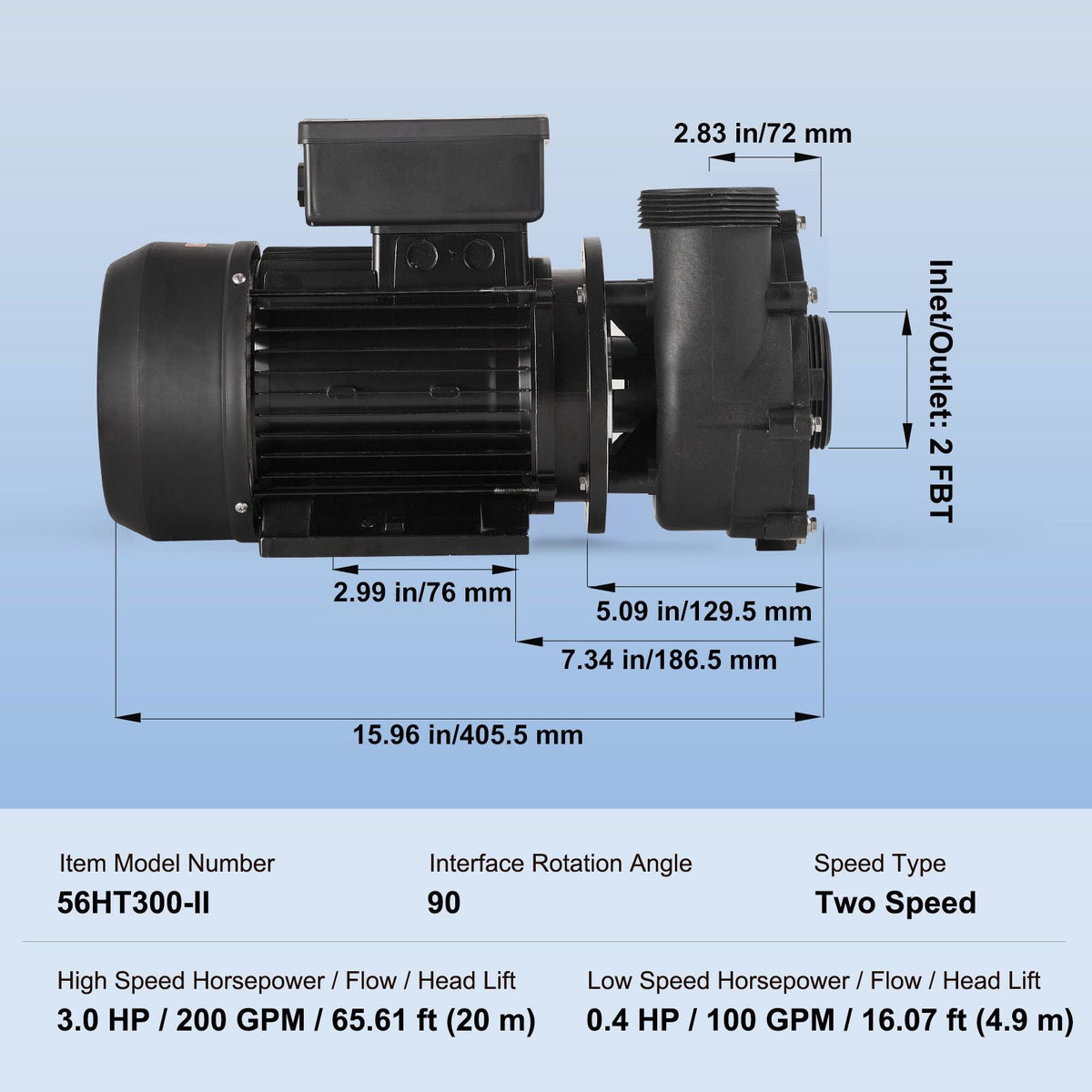 2 Speed SPA Pump, 56-Frame, AC220-240V Hot Tub SPA Pump, 3HP/200GPM/65.61ft High Speed or 0.4HP/100GPM/16.07ft Low Speed, 2" Port 90° Rotational Interface for Hot Tub, Tested to UL Standards