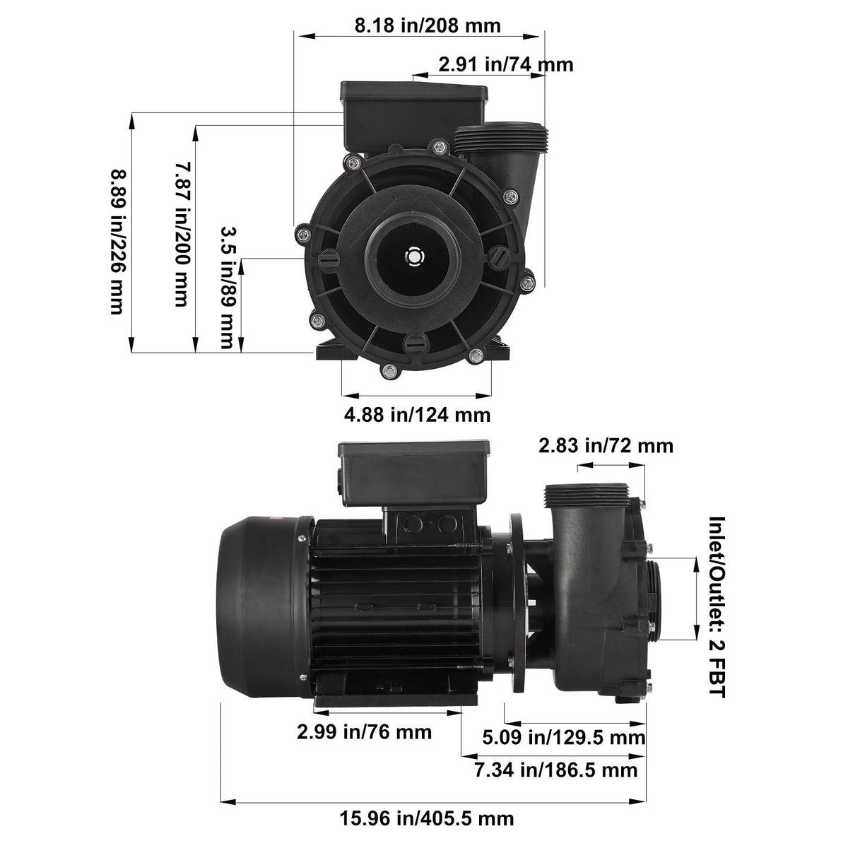 2 Speed SPA Pump, 56-Frame, AC220-240V Hot Tub SPA Pump, 3HP/200GPM/65.61ft High Speed or 0.4HP/100GPM/16.07ft Low Speed, 2" Port 90° Rotational Interface for Hot Tub, Tested to UL Standards