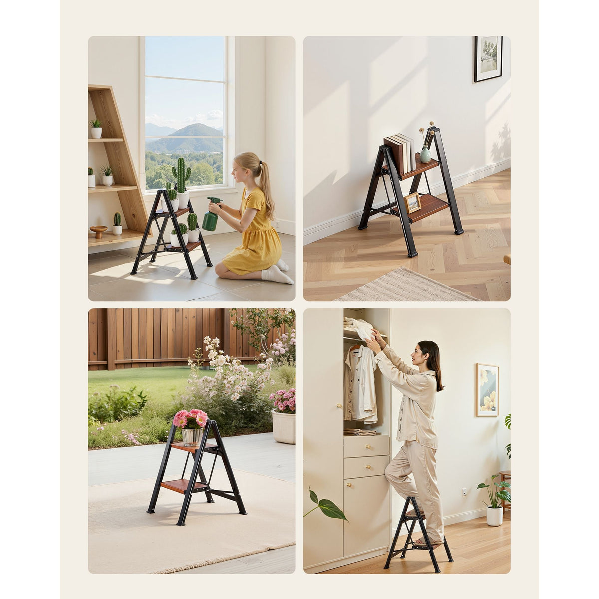 2 Step Ladder, Folding Step Stool with Wide Anti-Slip Pedal and Comfort Handgrip, Lightweight 330 lbs Capacity Portable Aluminum Plant Support, Multi-Use for Adults, Home Repairing, Cleaning