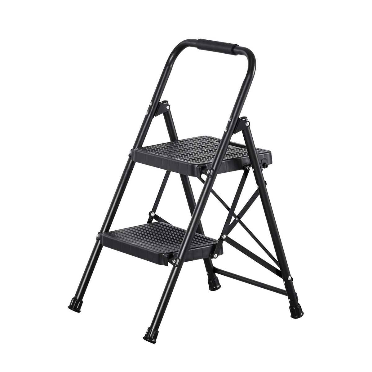 2 Step Ladder, Folding Step Stool with Wide Anti-Slip Pedal and Comfort Handgrip, Lightweight 600 lbs Capacity Portable Steel Ladder, Multi-Use for Kitchen, Home, Household and Office, Black