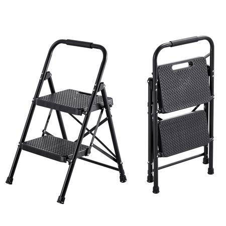 2 Step Ladder, Folding Step Stool with Wide Anti-Slip Pedal and Comfort Handgrip, Lightweight 600 lbs Capacity Portable Steel Ladder, Multi-Use for Kitchen, Home, Household and Office, Black
