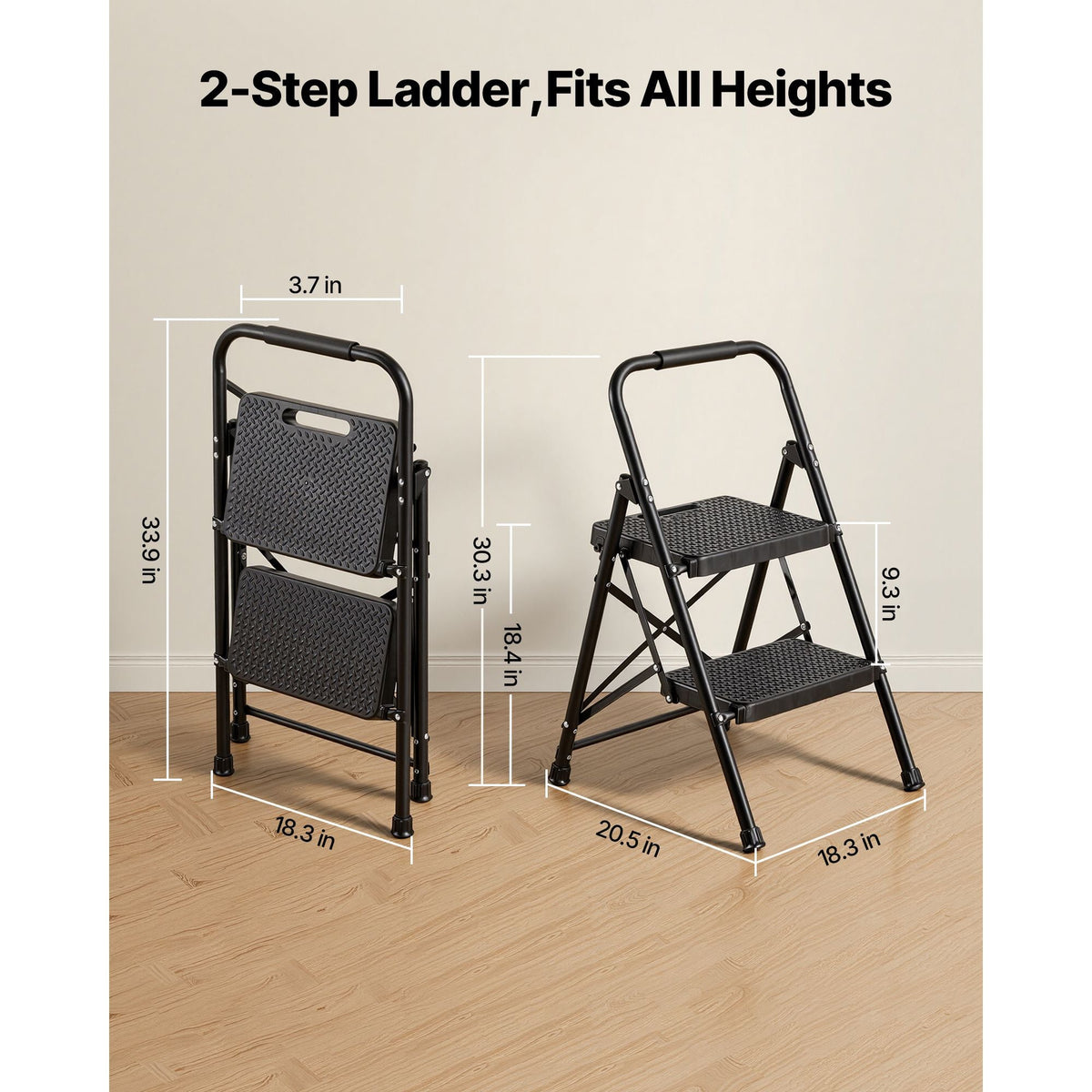 2 Step Ladder, Folding Step Stool with Wide Anti-Slip Pedal and Comfort Handgrip, Lightweight 600 lbs Capacity Portable Steel Ladder, Multi-Use for Kitchen, Home, Household and Office, Black