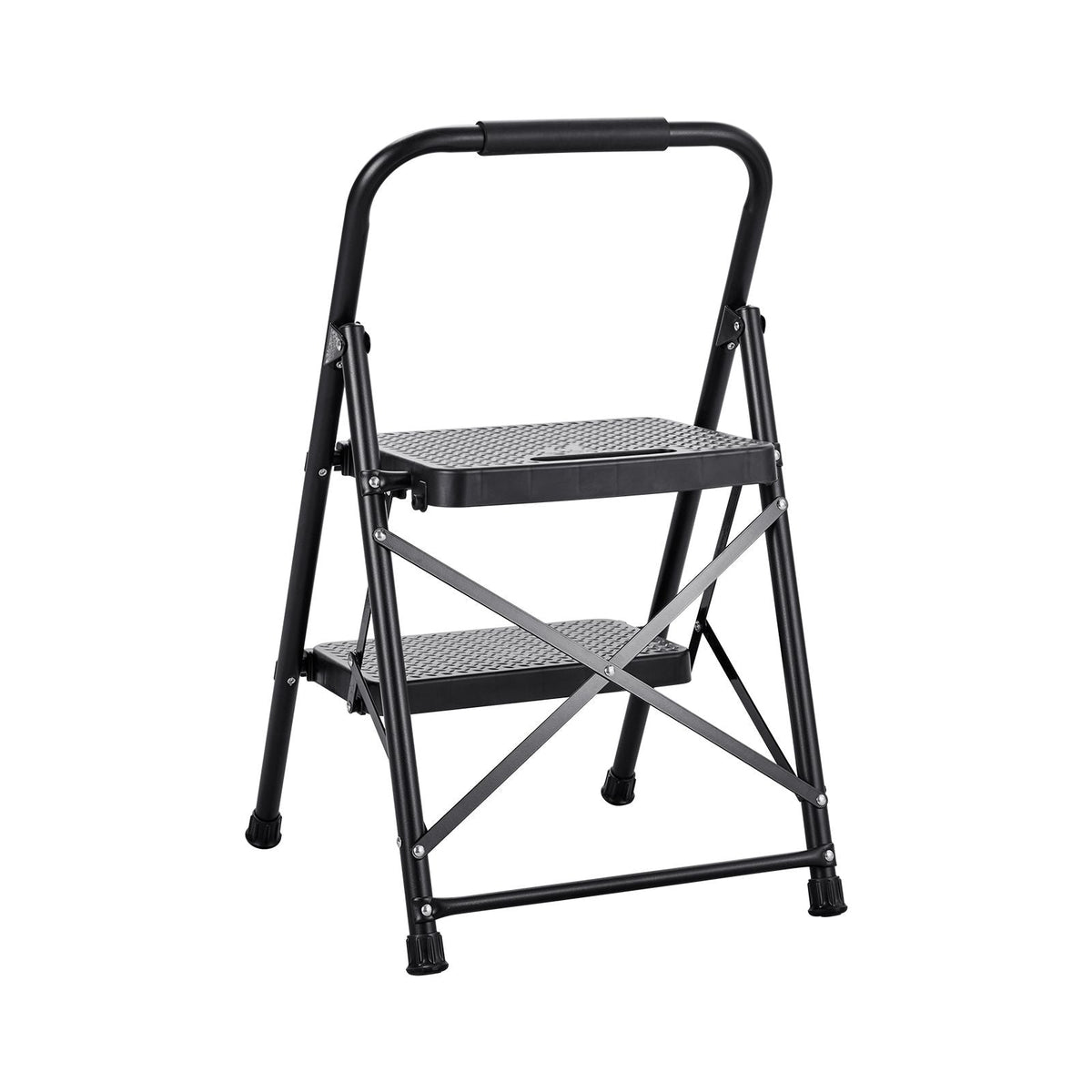 2 Step Ladder, Folding Step Stool with Wide Anti-Slip Pedal and Comfort Handgrip, Lightweight 600 lbs Capacity Portable Steel Ladder, Multi-Use for Kitchen, Home, Household and Office, Black