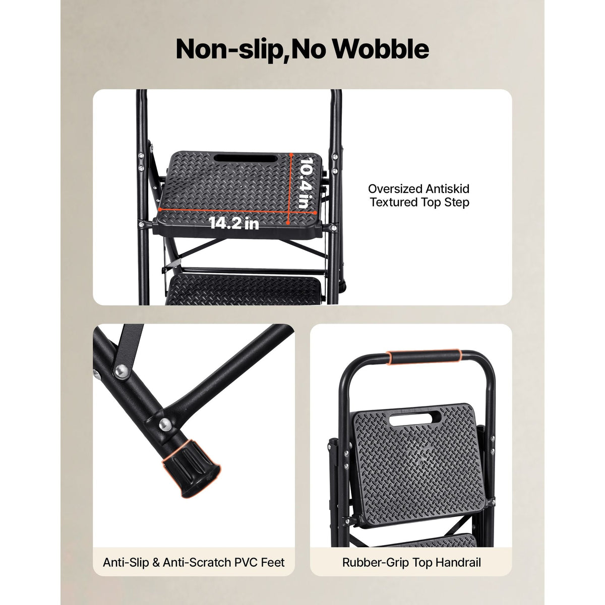 2 Step Ladder, Folding Step Stool with Wide Anti-Slip Pedal and Comfort Handgrip, Lightweight 600 lbs Capacity Portable Steel Ladder, Multi-Use for Kitchen, Home, Household and Office, Black