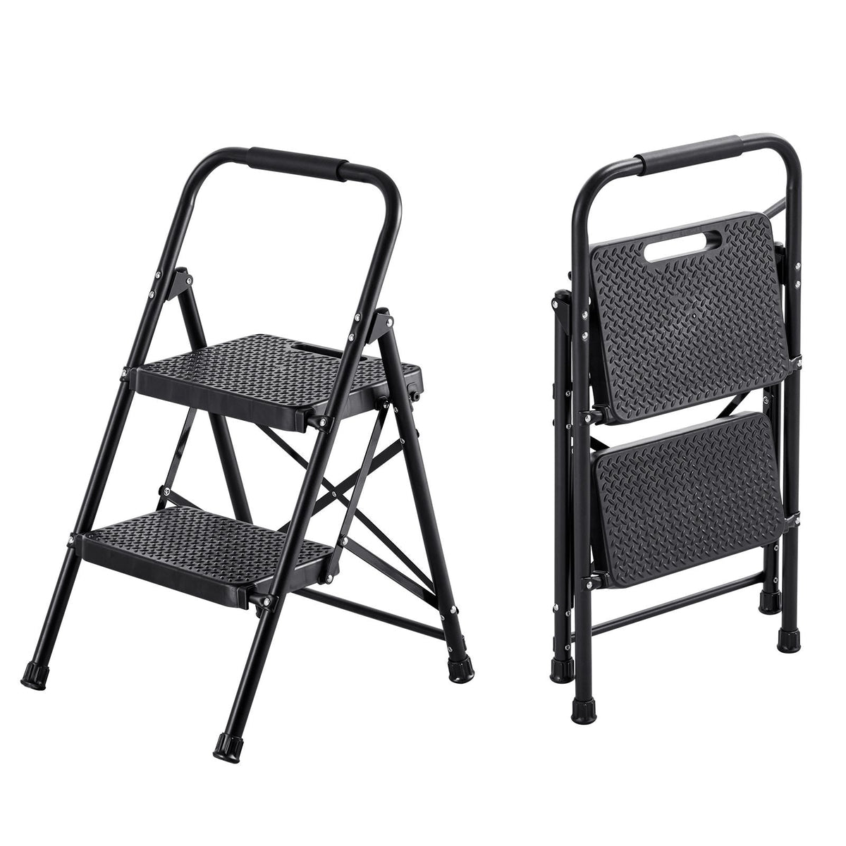 2 Step Ladder, Folding Step Stool with Wide Anti-Slip Pedal and Comfort Handgrip, Lightweight 600 lbs Capacity Portable Steel Ladder, Multi-Use for Kitchen, Home, Household and Office, Black