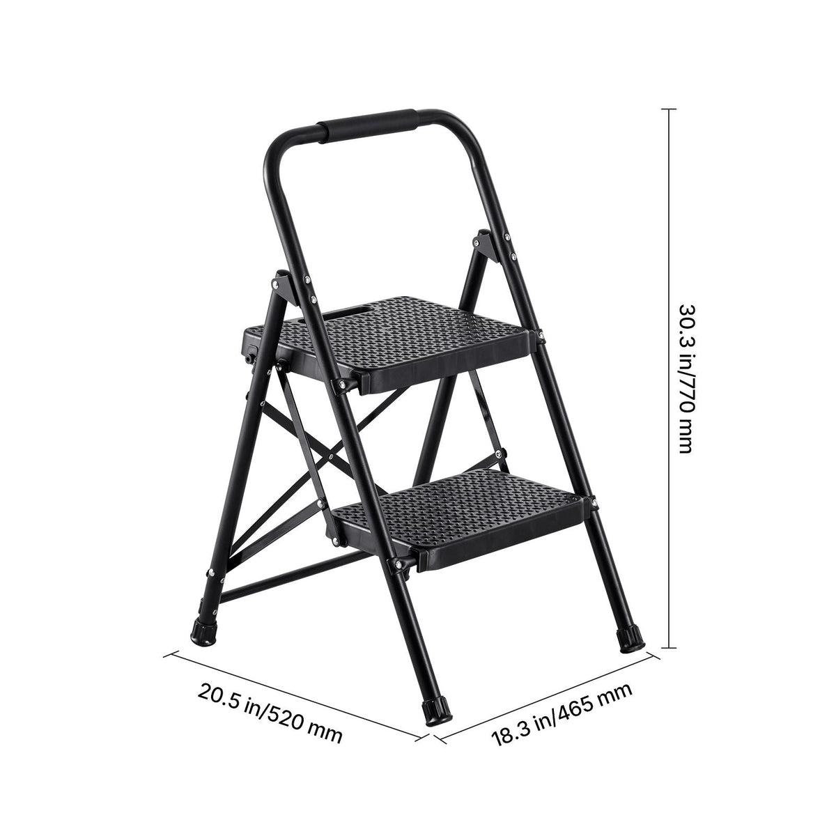 2 Step Ladder, Folding Step Stool with Wide Anti-Slip Pedal and Comfort Handgrip, Lightweight 600 lbs Capacity Portable Steel Ladder, Multi-Use for Kitchen, Home, Household and Office, Black