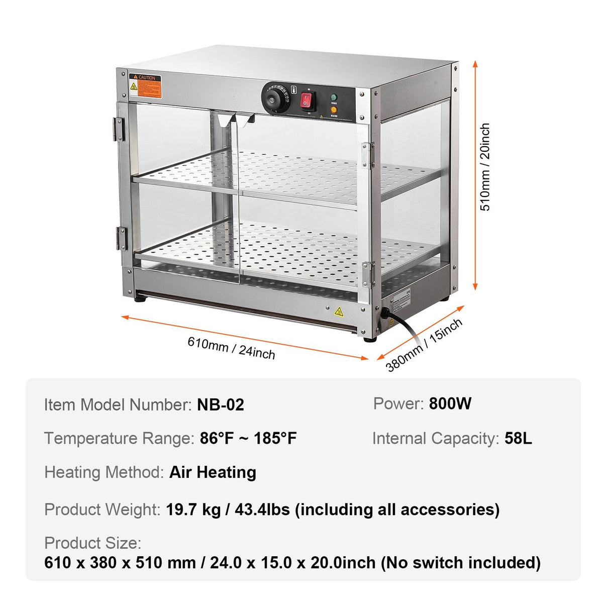 2-Tier Commercial Food Warmer Display, 800W Food Display Warmer with Light to Enhance Food Display, 86-185 F Temperature Control, 58L Large Capacity for Hamburger, Pizza, Bread, Fried Chicken
