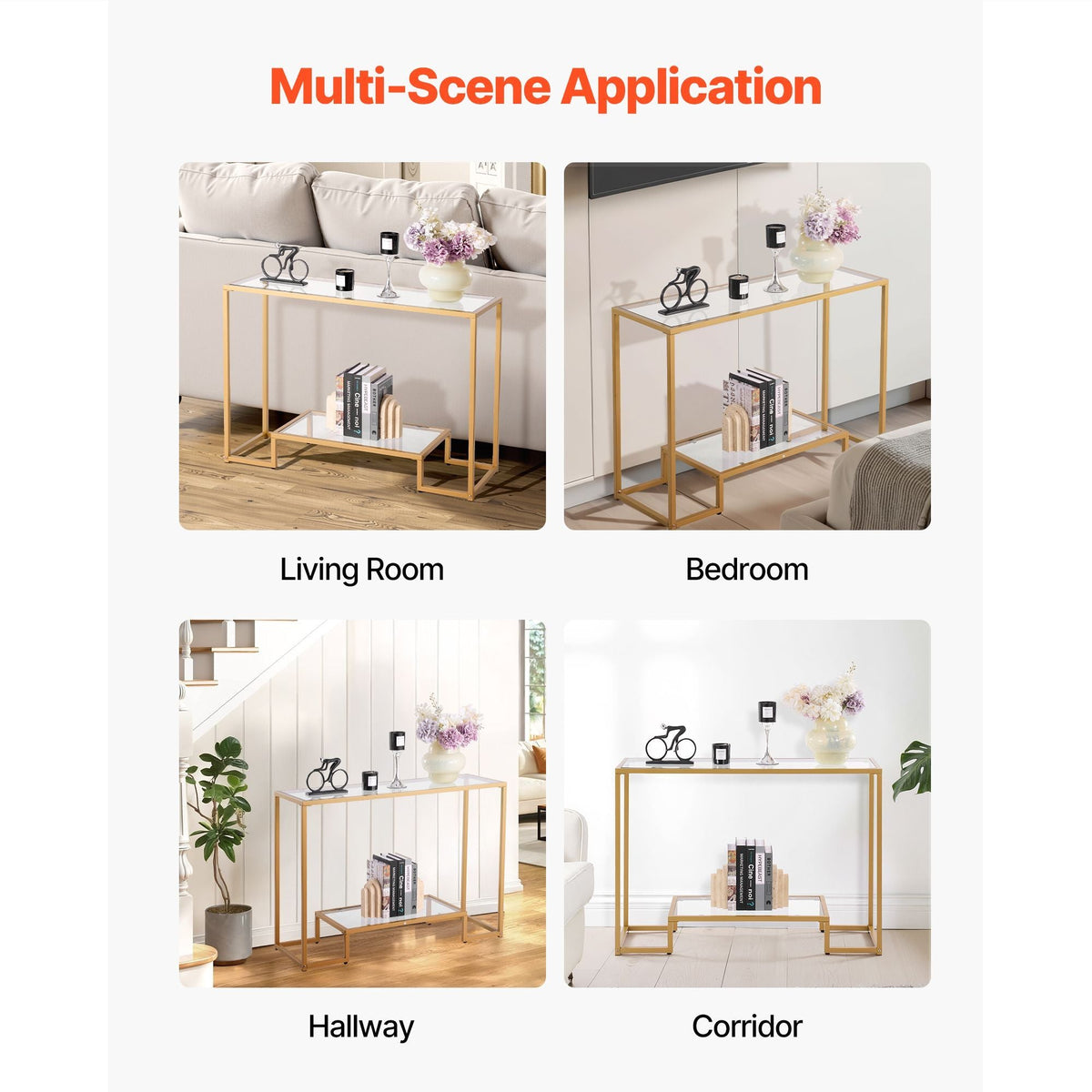 2-Tier Glass Console Table, Modern Rectangle Sofa Side Table with Tempered Glass Top and Iron Legs, Golden Consloe Desk with Anti-Tip Device for Living Room, Hallway, Entryway, Foyer, Golden