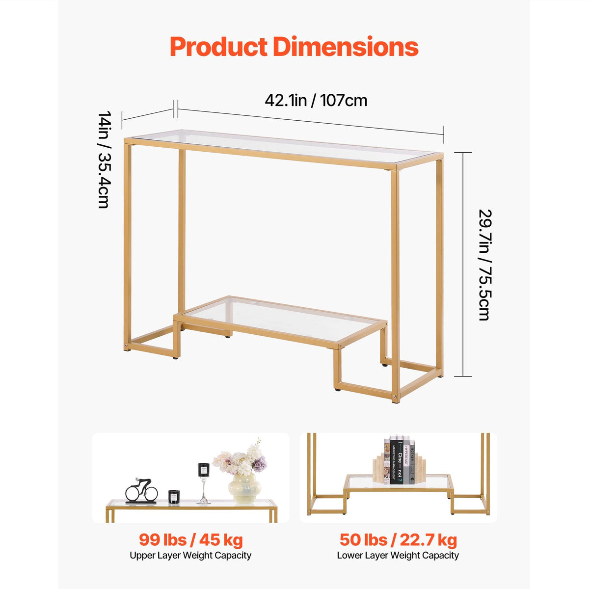 2-Tier Glass Console Table, Modern Rectangle Sofa Side Table with Tempered Glass Top and Iron Legs, Golden Consloe Desk with Anti-Tip Device for Living Room, Hallway, Entryway, Foyer, Golden