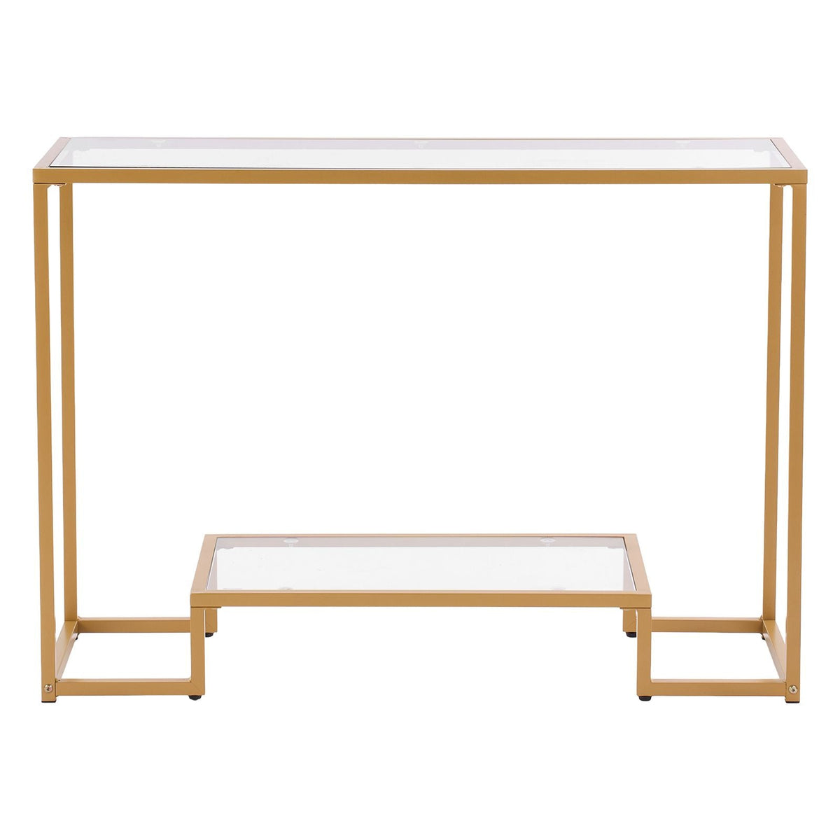 2-Tier Glass Console Table, Modern Rectangle Sofa Side Table with Tempered Glass Top and Iron Legs, Golden Consloe Desk with Anti-Tip Device for Living Room, Hallway, Entryway, Foyer, Golden