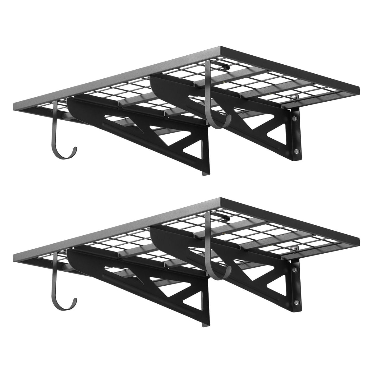 2-Tier Heavy Duty Wall Garage Shelving, 2 x 3 ft Steel Wall Mounted Shelving Unit with Hooks, 24 x 36 Inch Per Shelf Floating Storage Metal Rack for Garage, 500 lbs Total Weight Capacity, Black