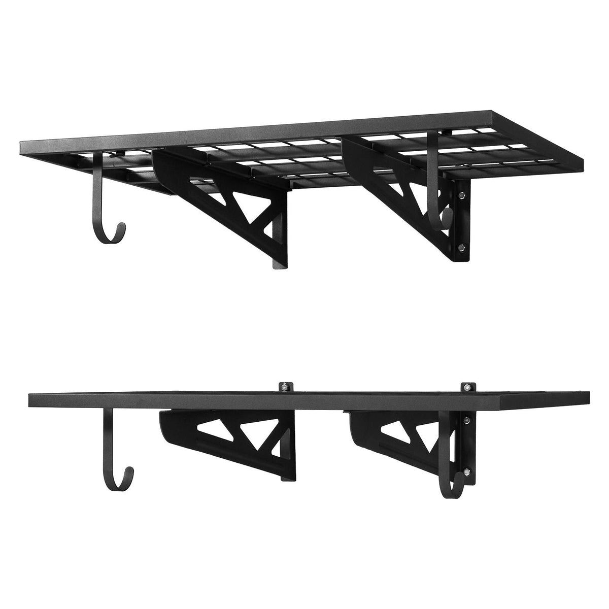 2-Tier Heavy Duty Wall Garage Shelving, 2 x 3 ft Steel Wall Mounted Shelving Unit with Hooks, 24 x 36 Inch Per Shelf Floating Storage Metal Rack for Garage, 500 lbs Total Weight Capacity, Black