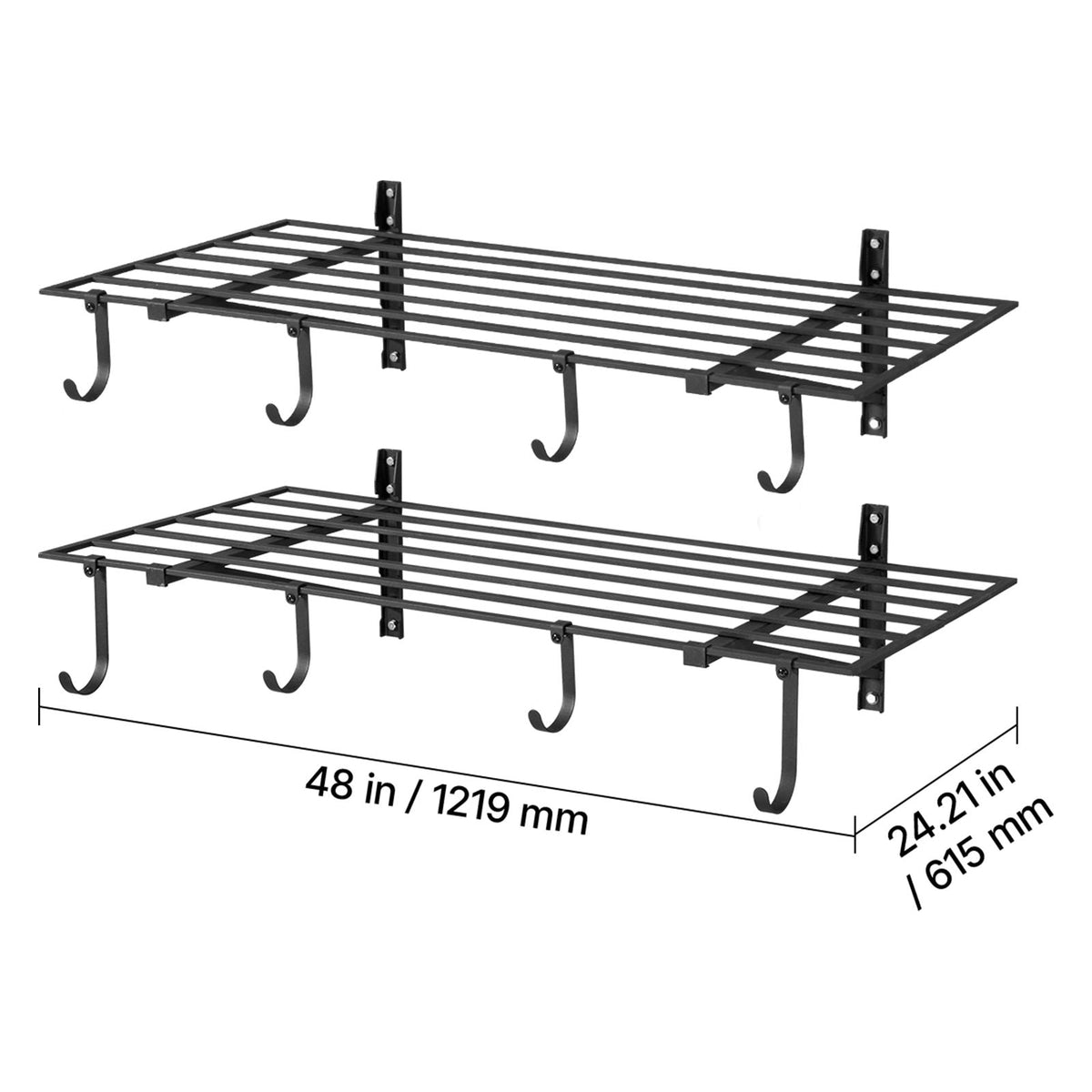 2-Tier Heavy Duty Wall Garage Shelving, 2 x 4 ft Steel Wall Mounted Shelving Unit with Hooks, 24 x 48 Inch Per Shelf Floating Storage Metal Rack for Garage, 520 lbs Total Weight Capacity, Black