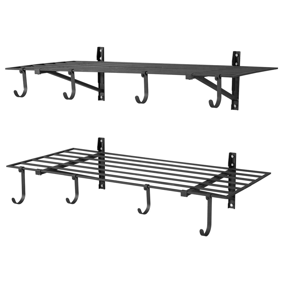 2-Tier Heavy Duty Wall Garage Shelving, 2 x 4 ft Steel Wall Mounted Shelving Unit with Hooks, 24 x 48 Inch Per Shelf Floating Storage Metal Rack for Garage, 520 lbs Total Weight Capacity, Black