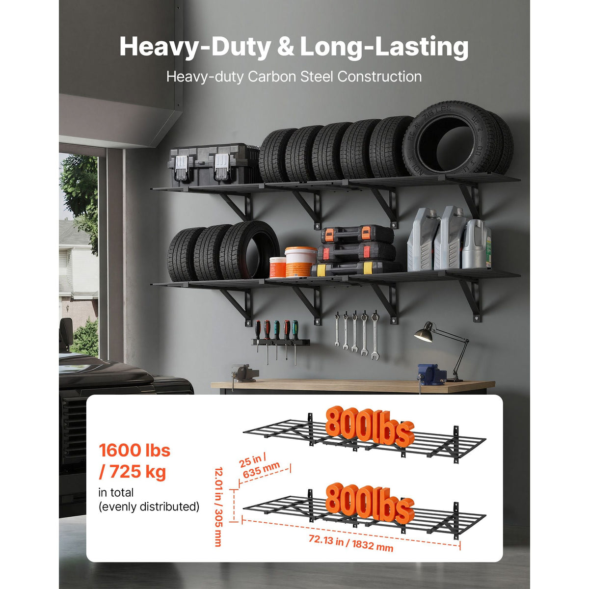 2-Tier Heavy Duty Wall Garage Shelving, 4 Pack 2 x 3 ft Steel Wall Mounted Shelving Unit, 24 x 72 Inch Per Shelf Floating Storage Metal Rack for Garage, 1600 lbs Total Weight Capacity, Black