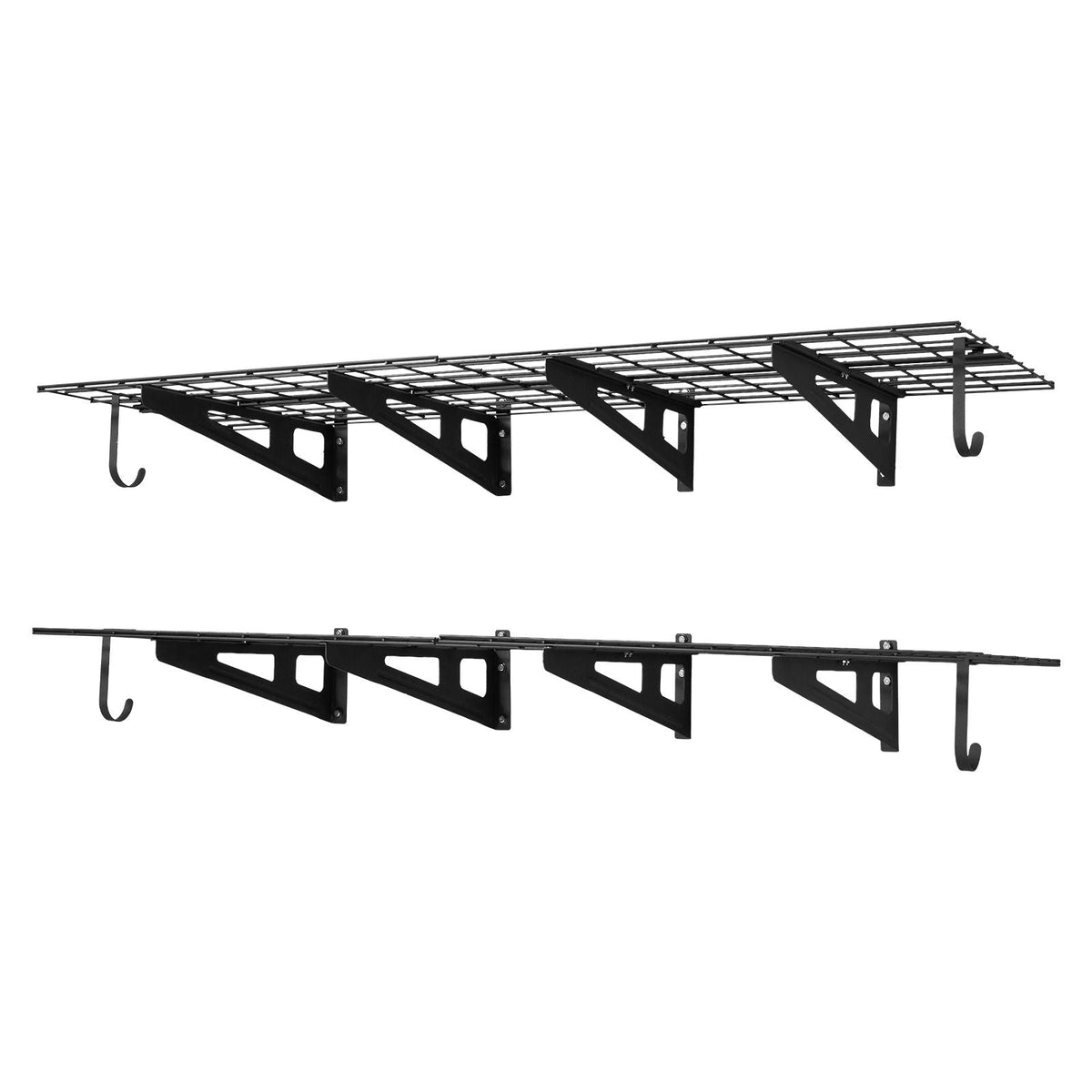 2-Tier Heavy Duty Wall Garage Shelving, 8 Pack 1 x 3 ft Steel Wall Mounted Shelving Unit with Hooks, 24 x 72 Inch Per Shelf Floating Storage Metal Rack, 1000 lbs Total Weight Capacity, Black