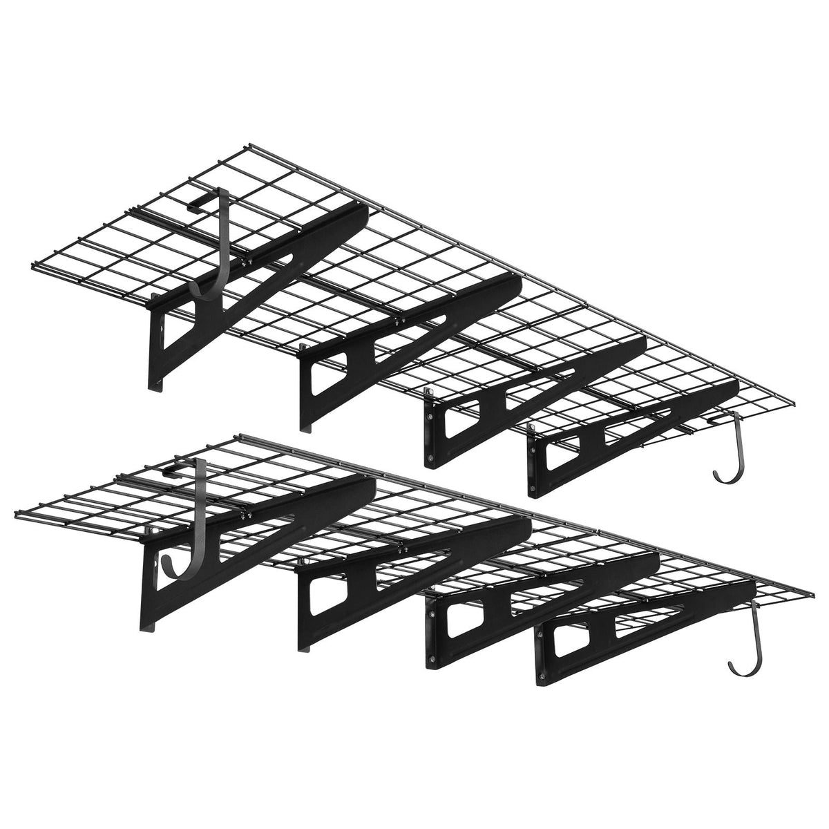 2-Tier Heavy Duty Wall Garage Shelving, 8 Pack 1 x 3 ft Steel Wall Mounted Shelving Unit with Hooks, 24 x 72 Inch Per Shelf Floating Storage Metal Rack, 1000 lbs Total Weight Capacity, Black