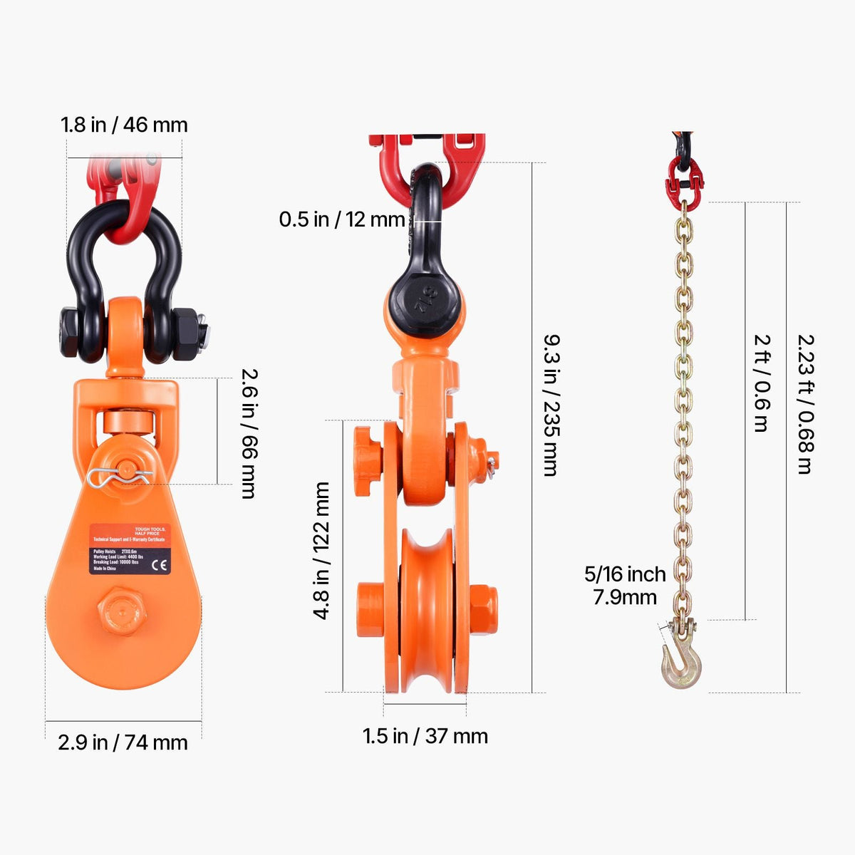 2 Ton Snatch Block with G80 Chain, Swivel Shackle, 3" Sheave for 3/8" Wire Rope, Snatch Block Pulley for Towing and Recovery Applications on Flatbed Tow Truck Rollback Wrecker Car Carrier Cable