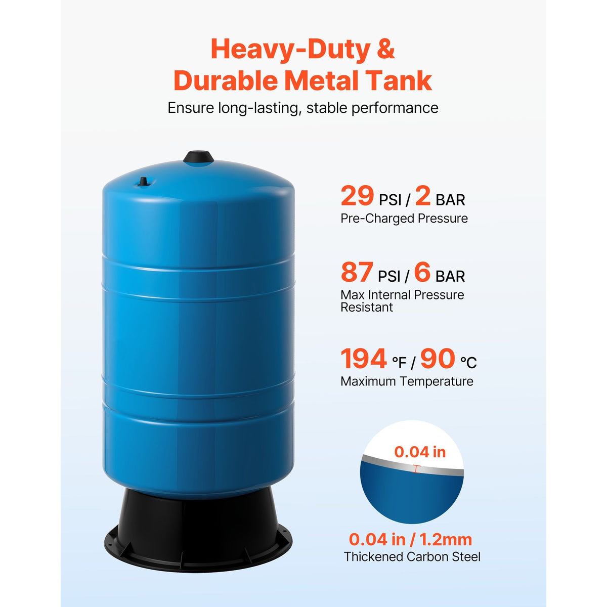 20-Gallon Vertical Well Pressure Tank, Pre-Charged Pressurized Water Tank for Well Pumps, Heavy-Duty Carbon Steel Water Storage Container for Home, School, Farm & Irrigation Systems