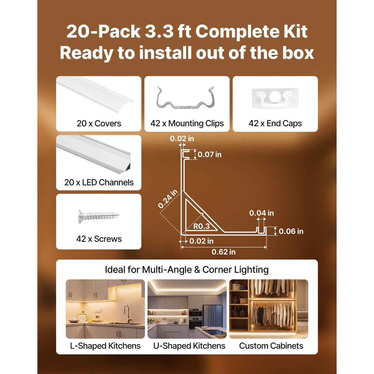 20-Pack 3.3 ft/1M V Shape LED Aluminum Channel, with Milky Cover, End Caps and Mounting Clips, Aluminum Profile for LED Strip Light Installations, Easy Installation, for Under Cabinet Counter