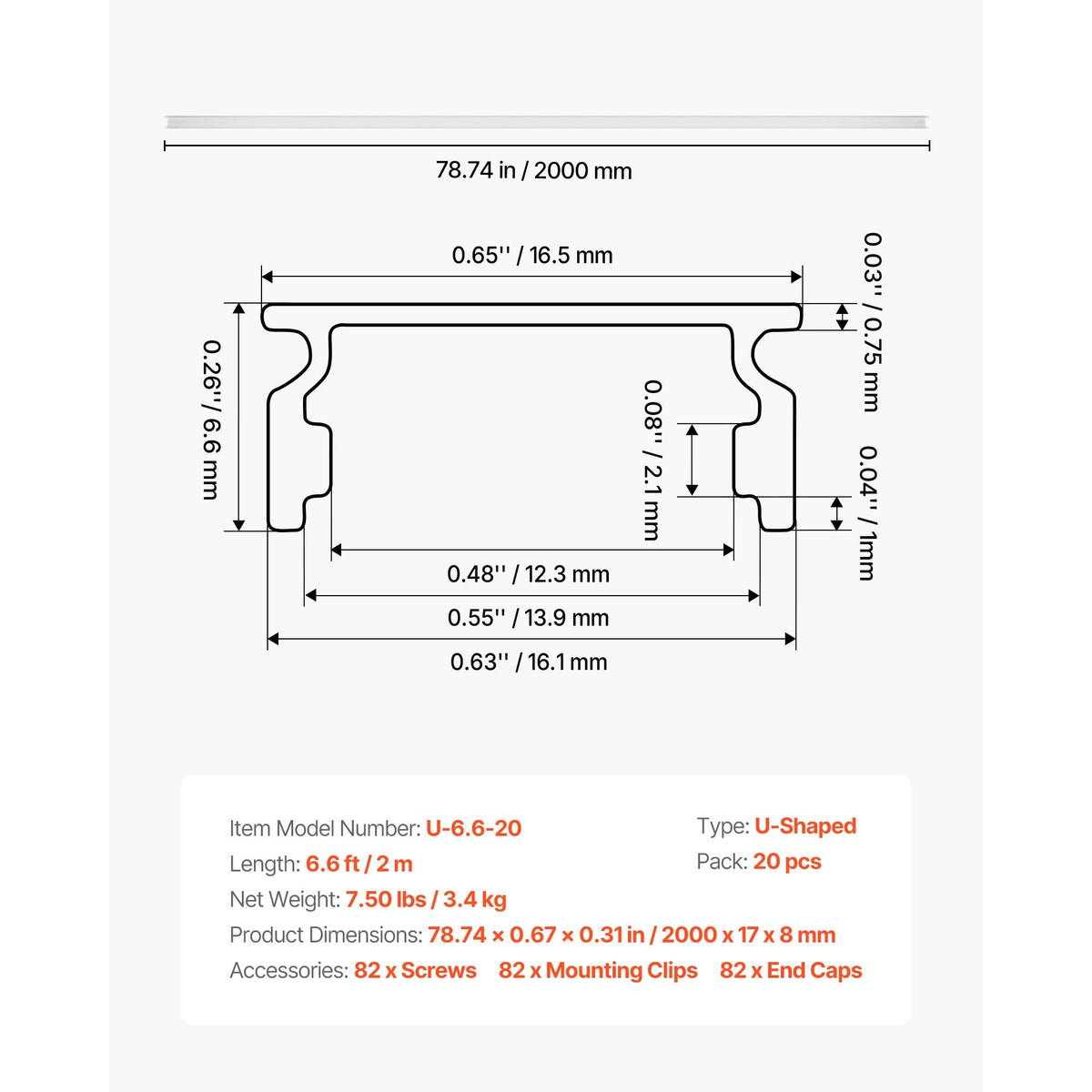 20-Pack 6.6 ft/2M U Shape LED Aluminum Channel, with Milky Cover, End Caps and Mounting Clips, Aluminum Profile for LED Strip Light Installations, Easy Installation, for Under Cabinet Counter