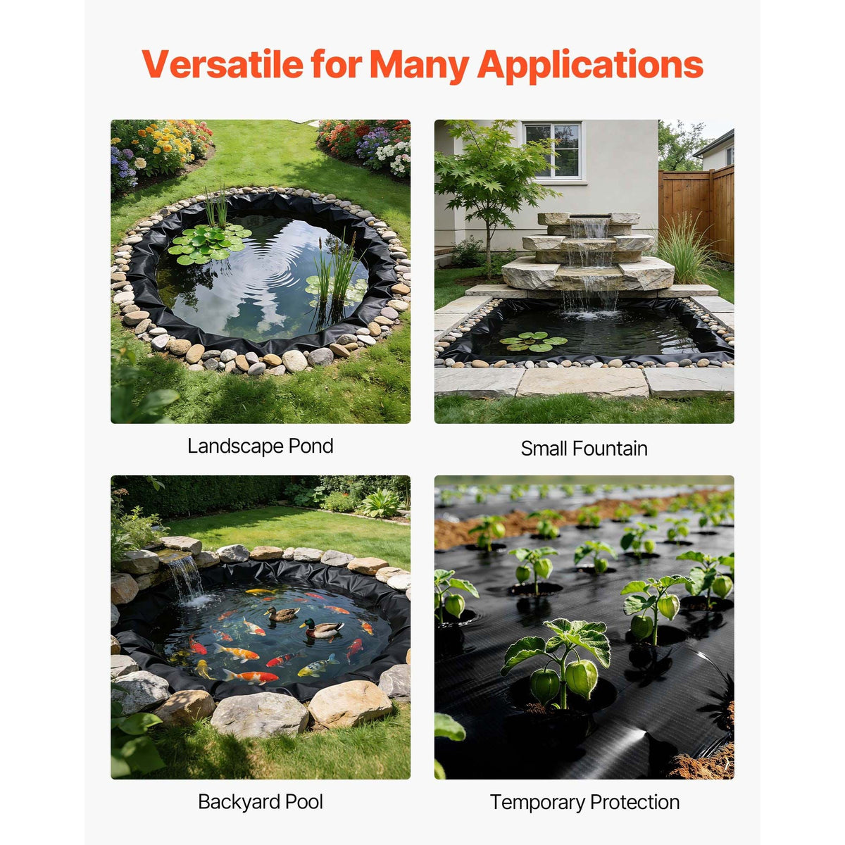 20 x 20 ft Pond Liner, 14 Mil Thickness, 3-Layer Reinforced PE Fish Koi Pond Liner for Outdoor Ponds, with Hemmed Edge and 4 Metal Buttonholes, for Water Garden, Waterfall, and Fountains, Black