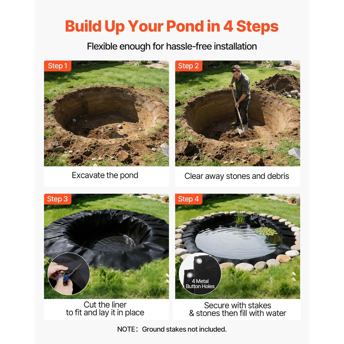 20 x 20 ft Pond Liner, 14 Mil Thickness, 3-Layer Reinforced PE Fish Koi Pond Liner for Outdoor Ponds, with Hemmed Edge and 4 Metal Buttonholes, for Water Garden, Waterfall, and Fountains, Black