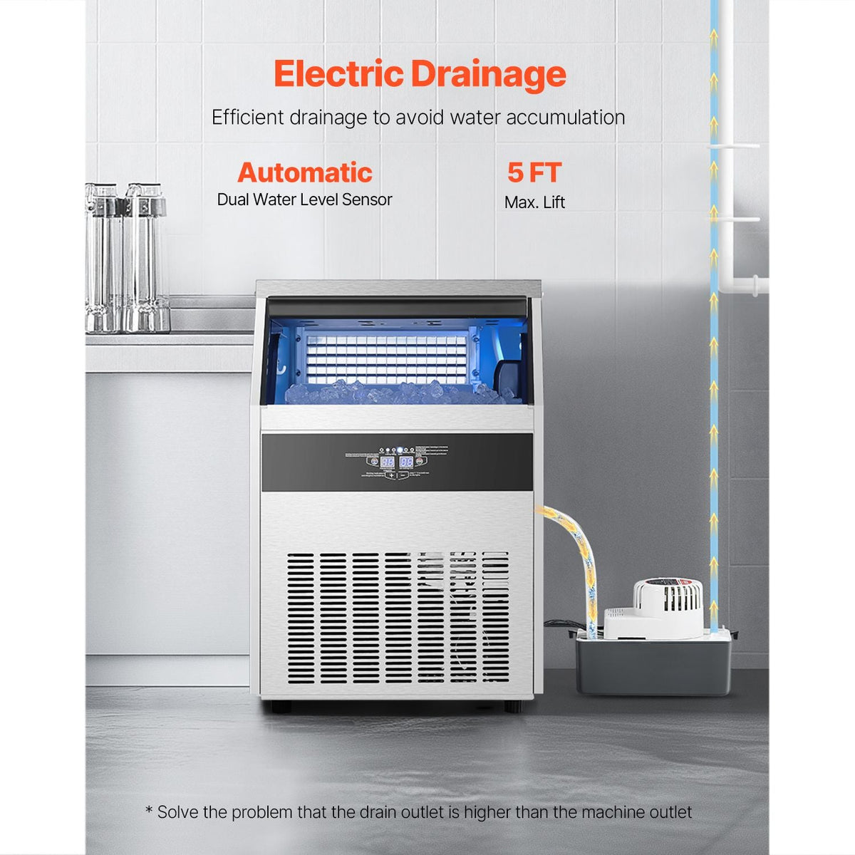 200lbs/24H Commercial Ice Maker Machine, 66lbs Storage Capacity Ice Maker with Drain Pump, 108 Ice Cubes in 15 Minutes, LED Digital Display Freestanding Self-Cleaning for Bar Office Restaurant