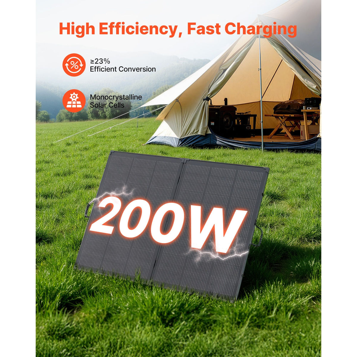 200W Foldable Solar Panel with Frame, 23% High-Efficiency Portable Monocrystalline Solar Panel Charger with 30A PWM Controller & MC4 Output, IP67 Waterproof for Camping, Hiking, RV Trips