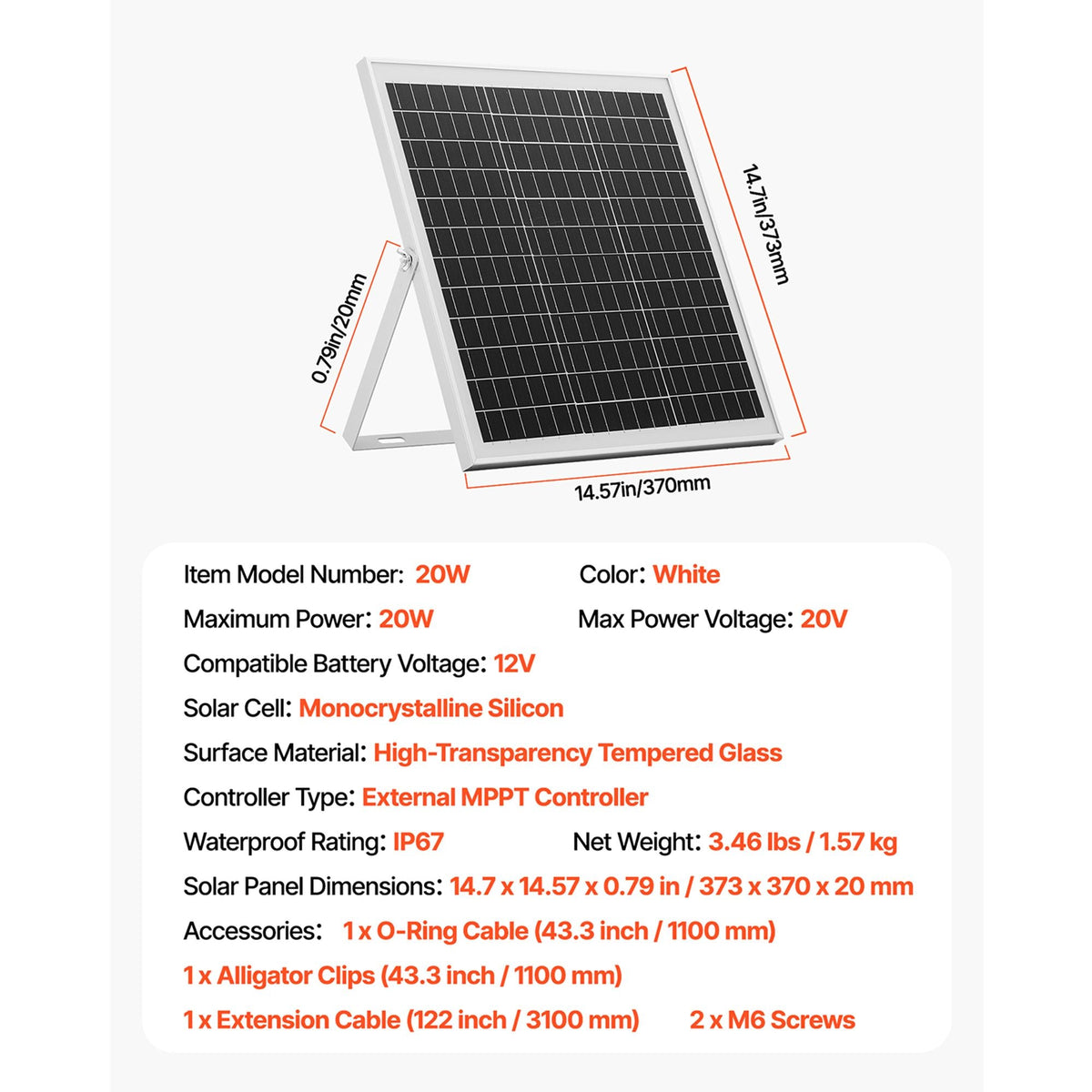 20W 12V Solar Panel Battery Charger, Solar Battery Trickle Charger Maintainer with Intelligent MPPT Controller & Adjustable Mount Bracket, IP67 Waterproof for Car Boat RV Motorcycle Trailer