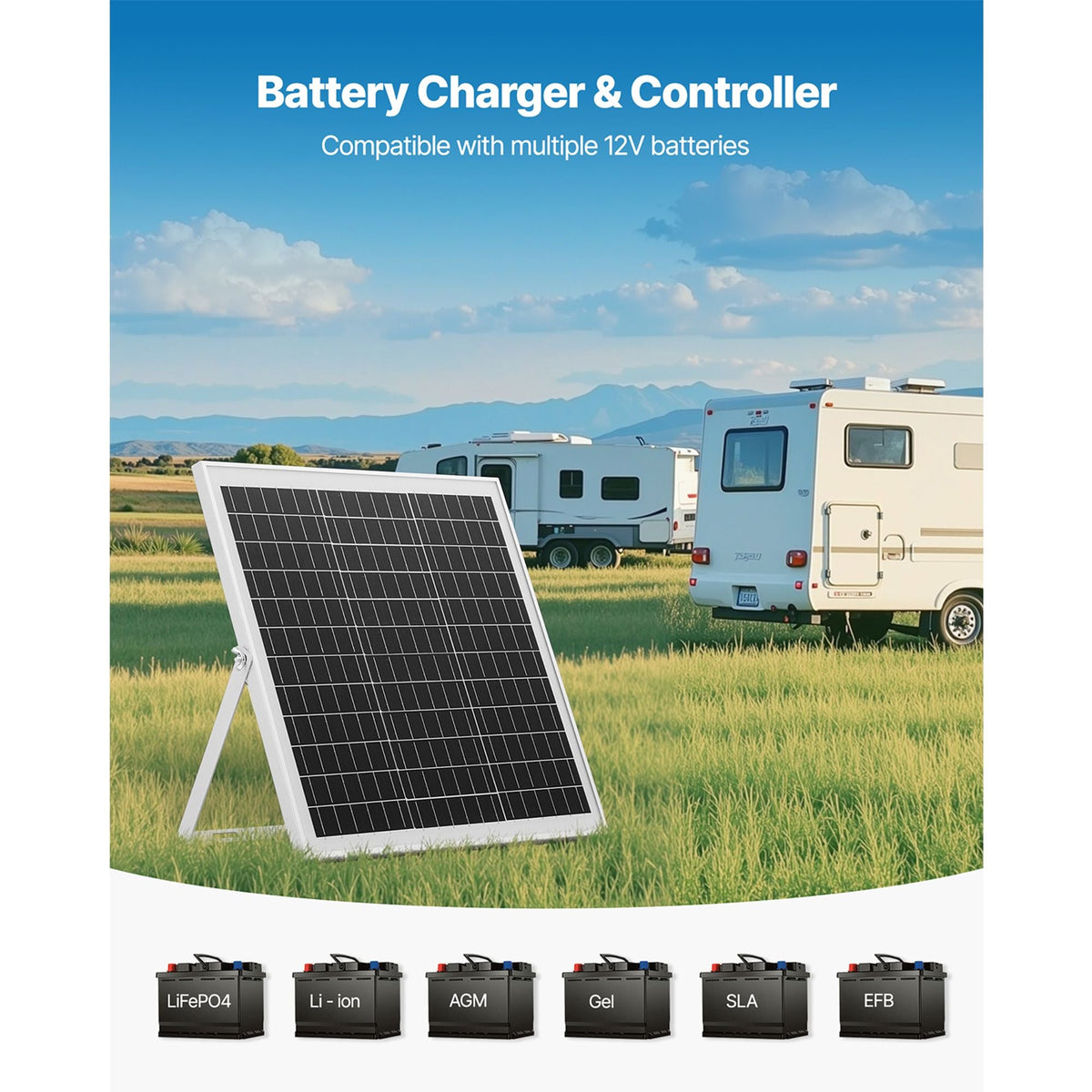 20W 12V Solar Panel Battery Charger, Solar Battery Trickle Charger Maintainer with Intelligent MPPT Controller & Adjustable Mount Bracket, IP67 Waterproof for Car Boat RV Motorcycle Trailer
