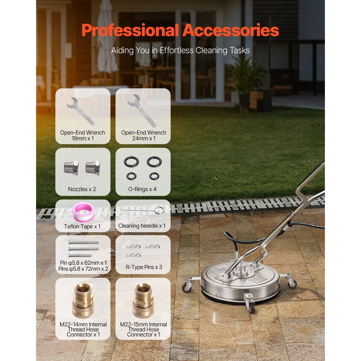 21" Pressure Washer Surface Cleaner, Stainless Steel Pressure Washer Attachments with 4 Wheels, 4500 Max PSI, 3/8 Quick Connector, 2 Spray Nozzles, Dual Handle, for Concrete, Patio, Sidewalk