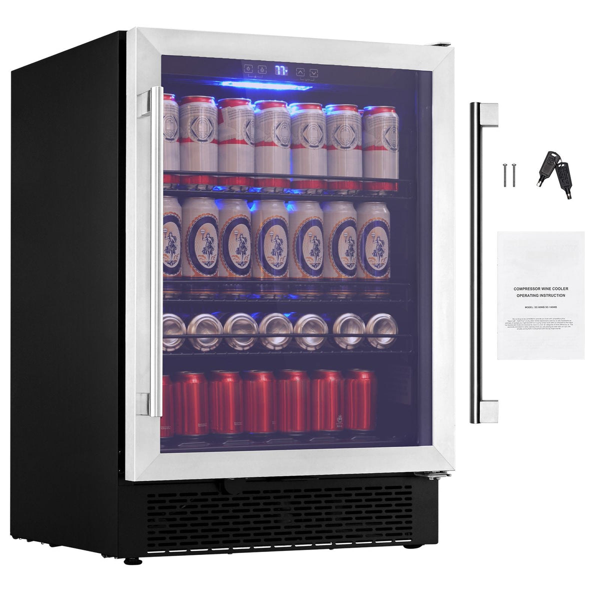 24" Beverage Refrigerator, 154 Cans Under Counter Built-in or Freestanding Beer Cooler Fridge, Blue LED Light, Child Lock, Adjustable Shelves, ETL