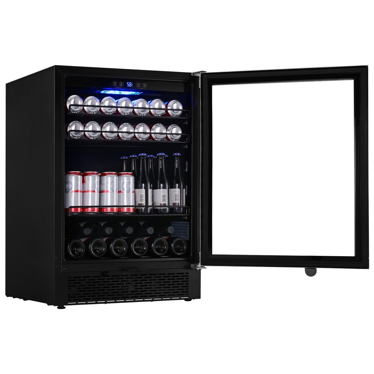 24" Beverage Refrigerator, 154 Cans Under Counter Built-in or Freestanding Beer Cooler Fridge, Blue LED Light, Child Lock, Adjustable Shelves, ETL