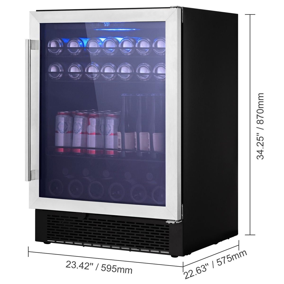 24" Beverage Refrigerator, 154 Cans Under Counter Built-in or Freestanding Beer Cooler Fridge, Blue LED Light, Child Lock, Adjustable Shelves, ETL