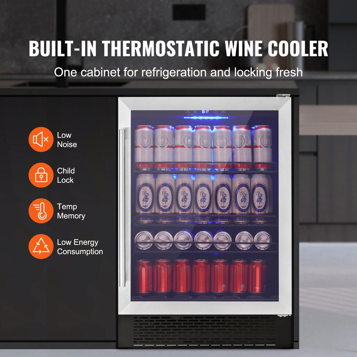 24" Beverage Refrigerator, 154 Cans Under Counter Built-in or Freestanding Beer Cooler Fridge, Blue LED Light, Child Lock, Adjustable Shelves, ETL