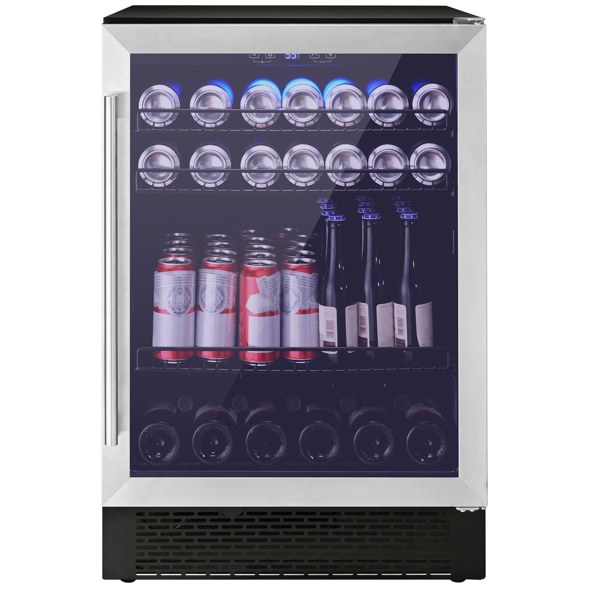24" Beverage Refrigerator, 154 Cans Under Counter Built-in or Freestanding Beer Cooler Fridge, Blue LED Light, Child Lock, Adjustable Shelves, ETL