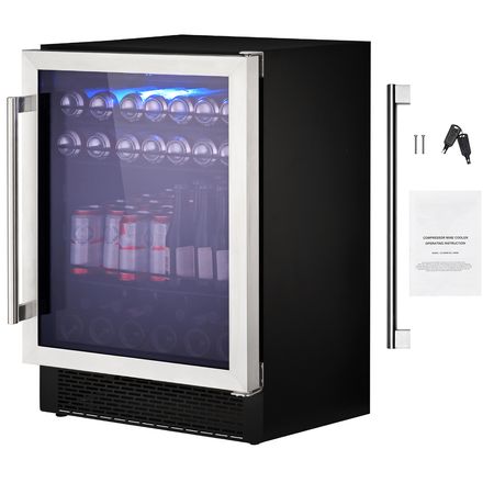 24" Beverage Refrigerator, 154 Cans Under Counter Built-in or Freestanding Beer Cooler Fridge, Blue LED Light, Child Lock, Adjustable Shelves, ETL