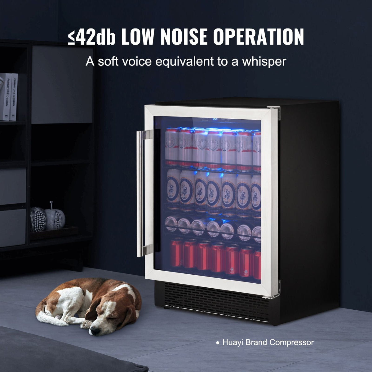 24" Beverage Refrigerator, 154 Cans Under Counter Built-in or Freestanding Beer Cooler Fridge, Blue LED Light, Child Lock, Adjustable Shelves, ETL