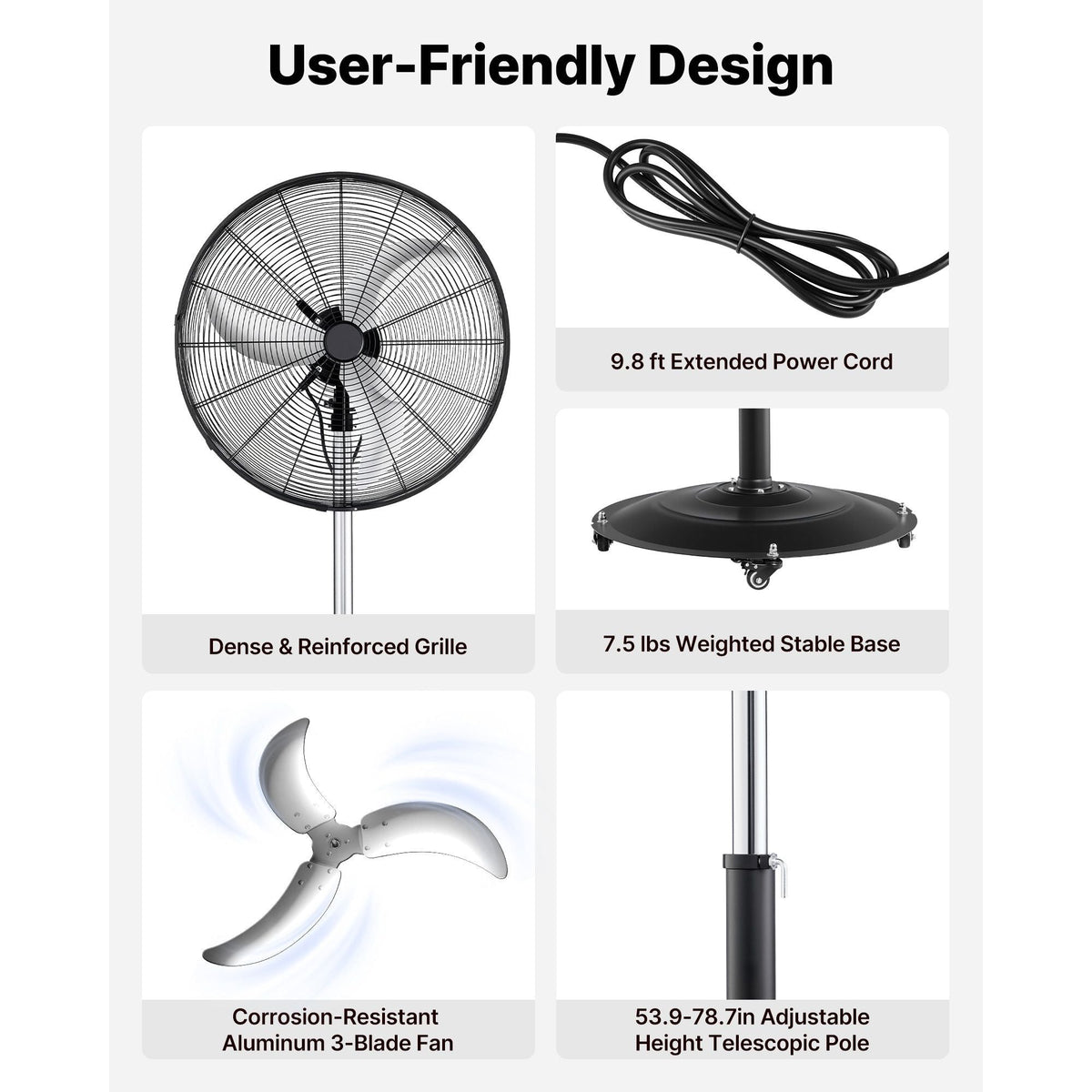 24-Inch High Velocity Pedestal Fan, 6800 CFM Industrial Standing Floor Fan with 85° Oscillating, 3-Speed Adjustable Height, IP44 Waterproof, Carbon Steel for Commercial, Garage, Workshop, Black