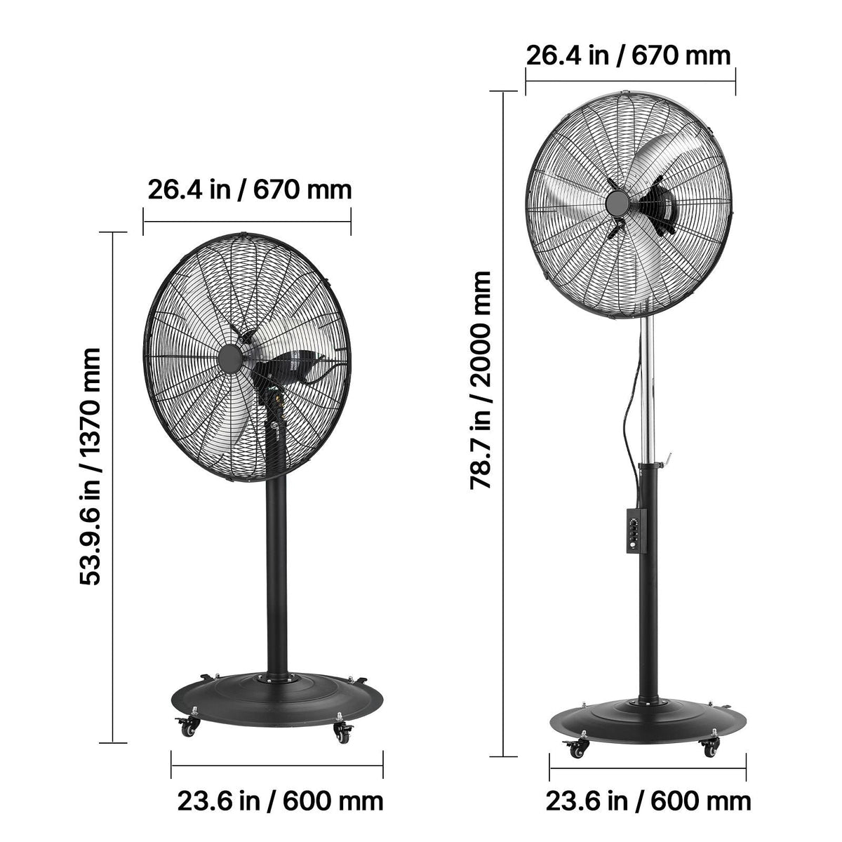 24-Inch High Velocity Pedestal Fan, 6800 CFM Industrial Standing Floor Fan with 85° Oscillating, 3-Speed Adjustable Height, IP44 Waterproof, Carbon Steel for Commercial, Garage, Workshop, Black