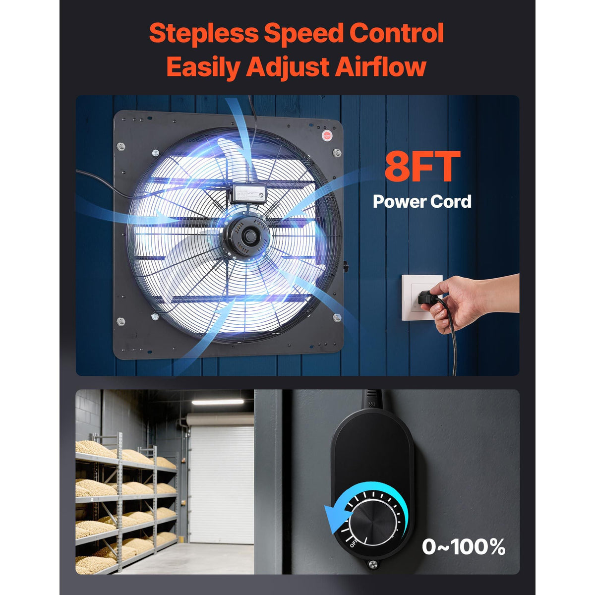 24 inch Shutter Exhaust Fan, Wall Mounted Attic Vent Fan with Variable Speed Controller, 4800 CFM, AC Motor, Heavy-duty Steel, Low Noise for Shed, Garage, Greenhouse Ventilation Cooling, Black