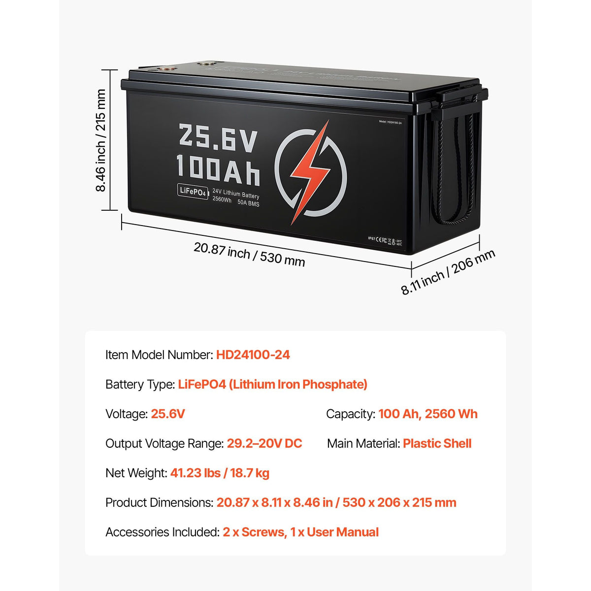 24V 100Ah LiFePO4 Lithium Battery, Built-in 50A BMS, Deep Cycle Lithium Rechargeable Battery with Low Temperature Protection, 4000+ Cycles, Max. 2560Wh, for RV, Camper, Trolling Motors, Marine