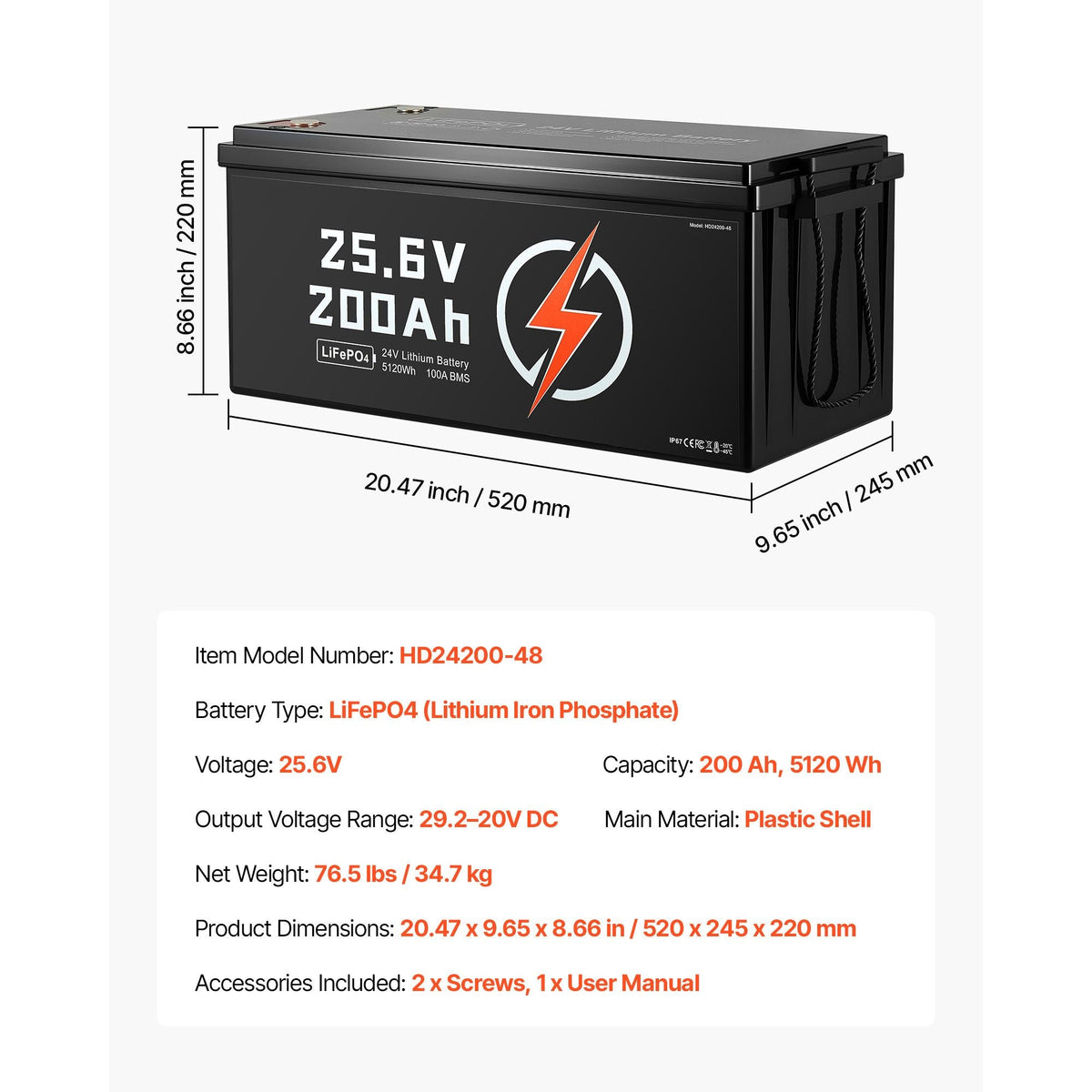 24V 200Ah LiFePO4 Lithium Battery, Built-in 100A BMS, Deep Cycle Lithium Rechargeable Battery with Low Temperature Protection, 4000+ Cycles, Max. 5120Wh, for RV, Camper, Trolling Motors, Marine