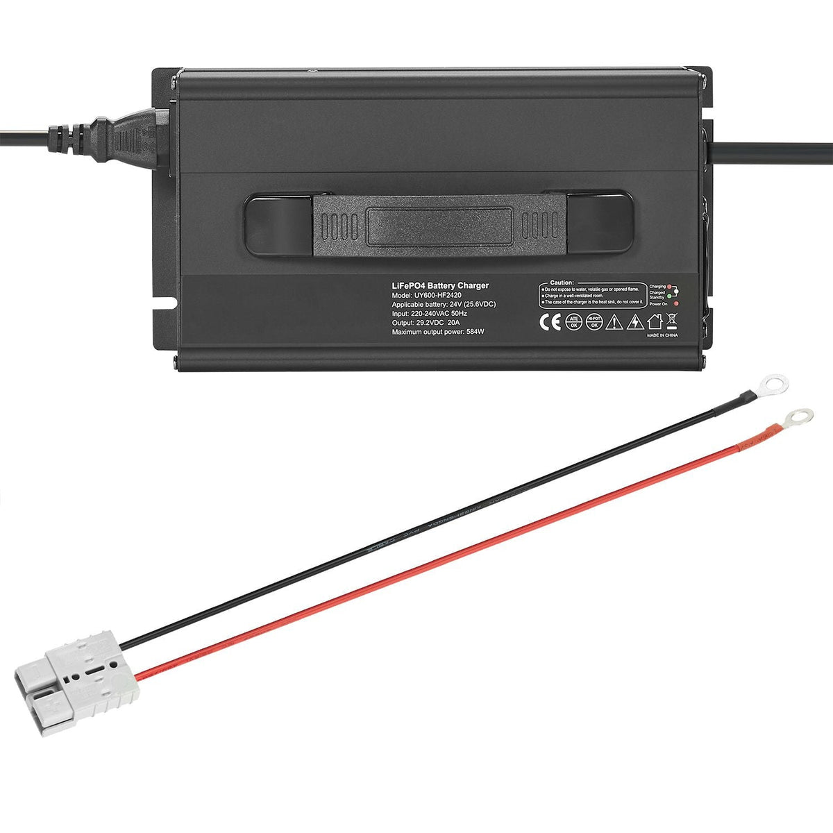 24V 20A Lithium Battery Charger, 29.2V, AC-DC LiFePO4 Smart Charger, with Anderson Connector, LED Indicator, 0V Activation, for Lithium LiFePO4 Deep Cycle Rechargeable Batteries of Boat, RV