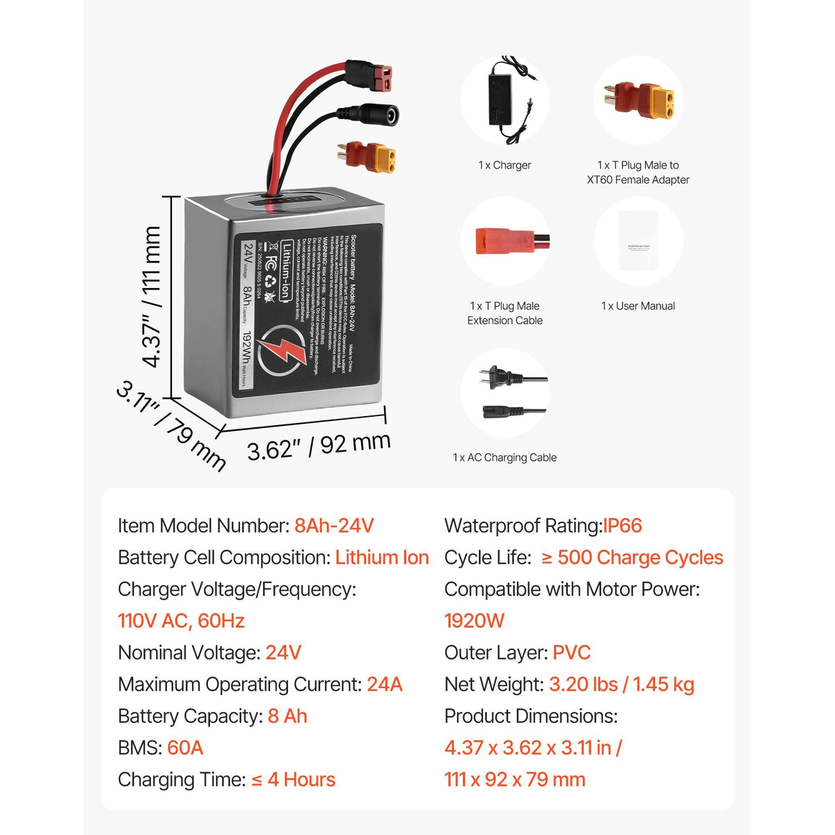 24V Electric Scooter Battery, 8Ah, Ebike Lithium Battery Pack with 30A BMS, Charger, T-Plug Expansion Cable, 500+ Cycles, Compatible with 1920W Motors, for Electric Bikes Bicycles, Scooters